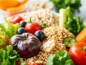 Mâncare sănătoasă cu legume și fructe proaspete.