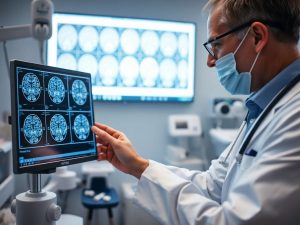 Medic neurolog examinează o scanare a creierului.