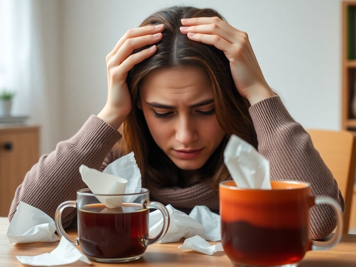 Persoană obosită cu ceai și șervețele pe masă.