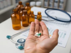 Persoană ținând medicamente, cu stetoscop și flacoane