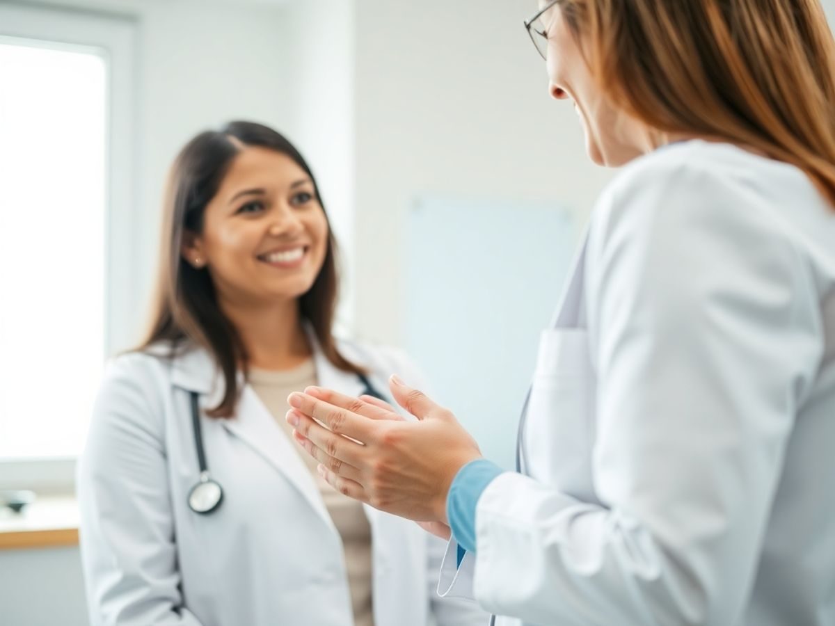 Ginecolog examinând o pacientă, zâmbete și încredere.