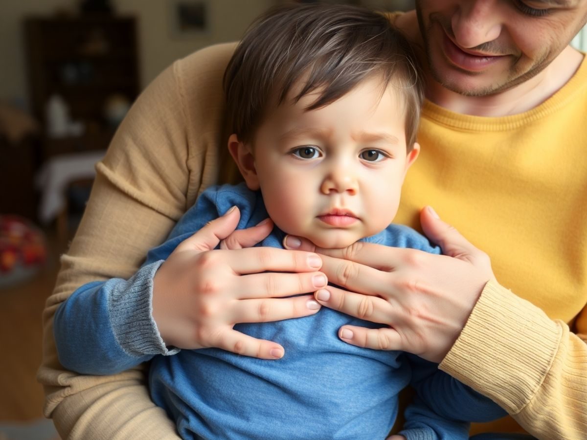 Părinte mângâind copilul bolnav cu febră.