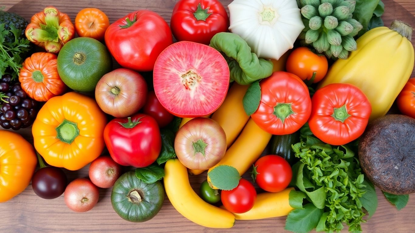 Fructe și legume proaspete pe o suprafață de lemn.